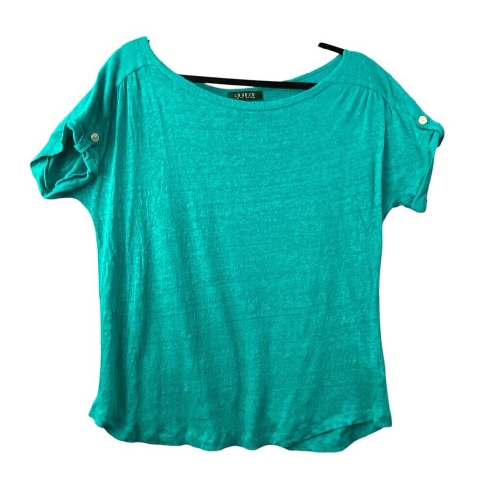 RALPH LAUREN Women 100% Linen Short Sleeve Pullover Top Sz L Green Casual 10-18 - Picture 1 of 6